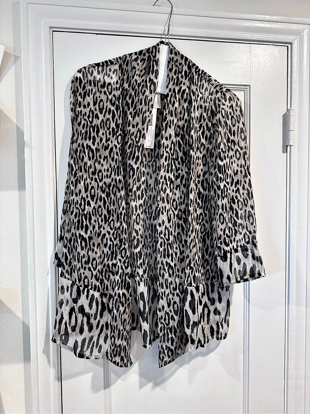 Chico's Sheer Leopard Drape Front Jacket 3Qtr Gray & Black Size 1